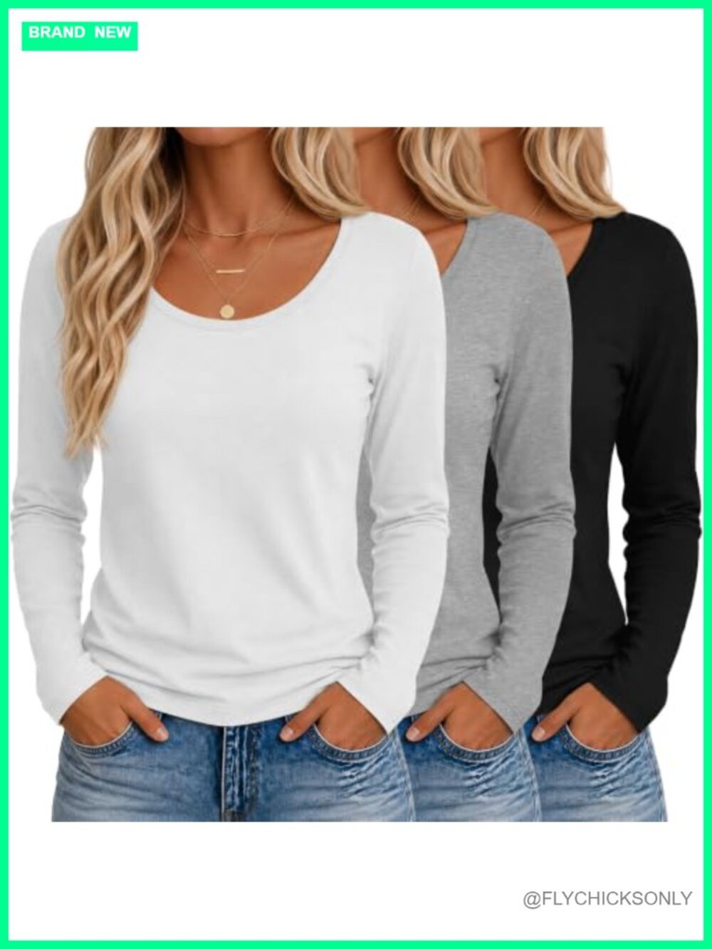 3 Pack Womens Long Sleeve Scoop Neck Tops Soft Stretch Casual Basic Shirts